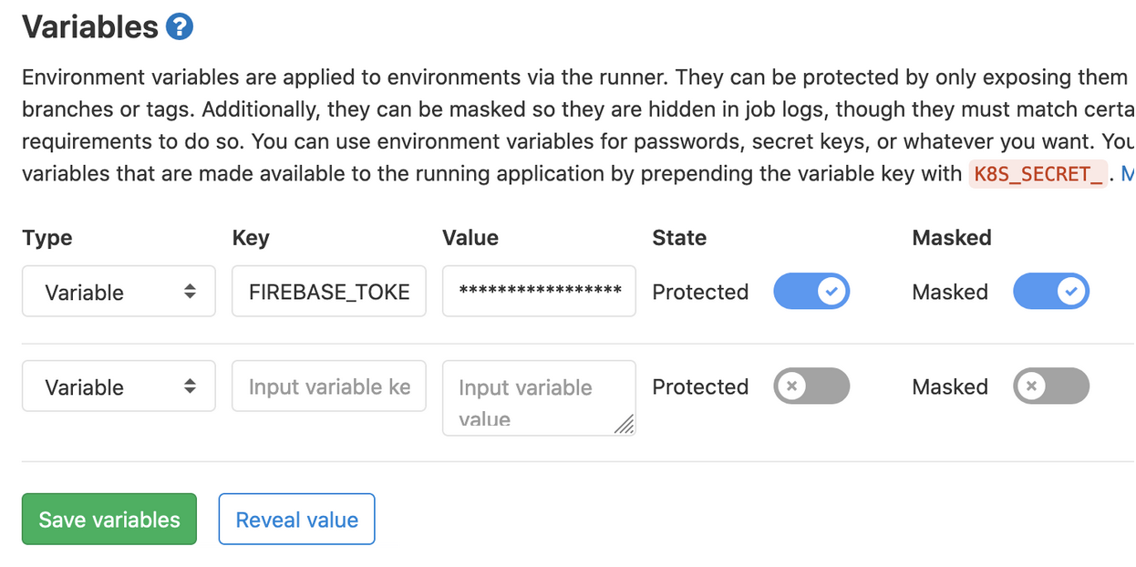 GitLab CI/CD variables configuration screen