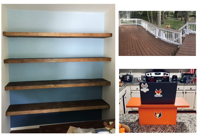 Clockwise, from left: built-in shelf wall, painted and stained deck, DIY standing desk